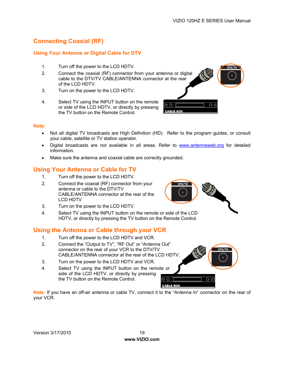 Connecting coaxial (rf), Using your antenna or cable for tv, Using the antenna or cable through your vcr | Vizio E421VA User Manual | Page 19 / 62