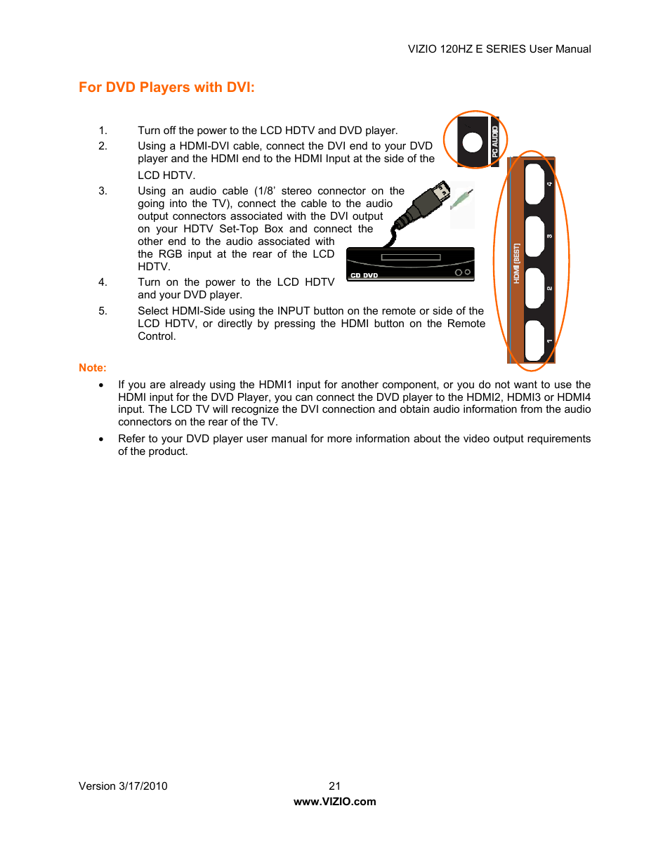 For dvd players with dvi | Vizio E421VA User Manual | Page 21 / 62