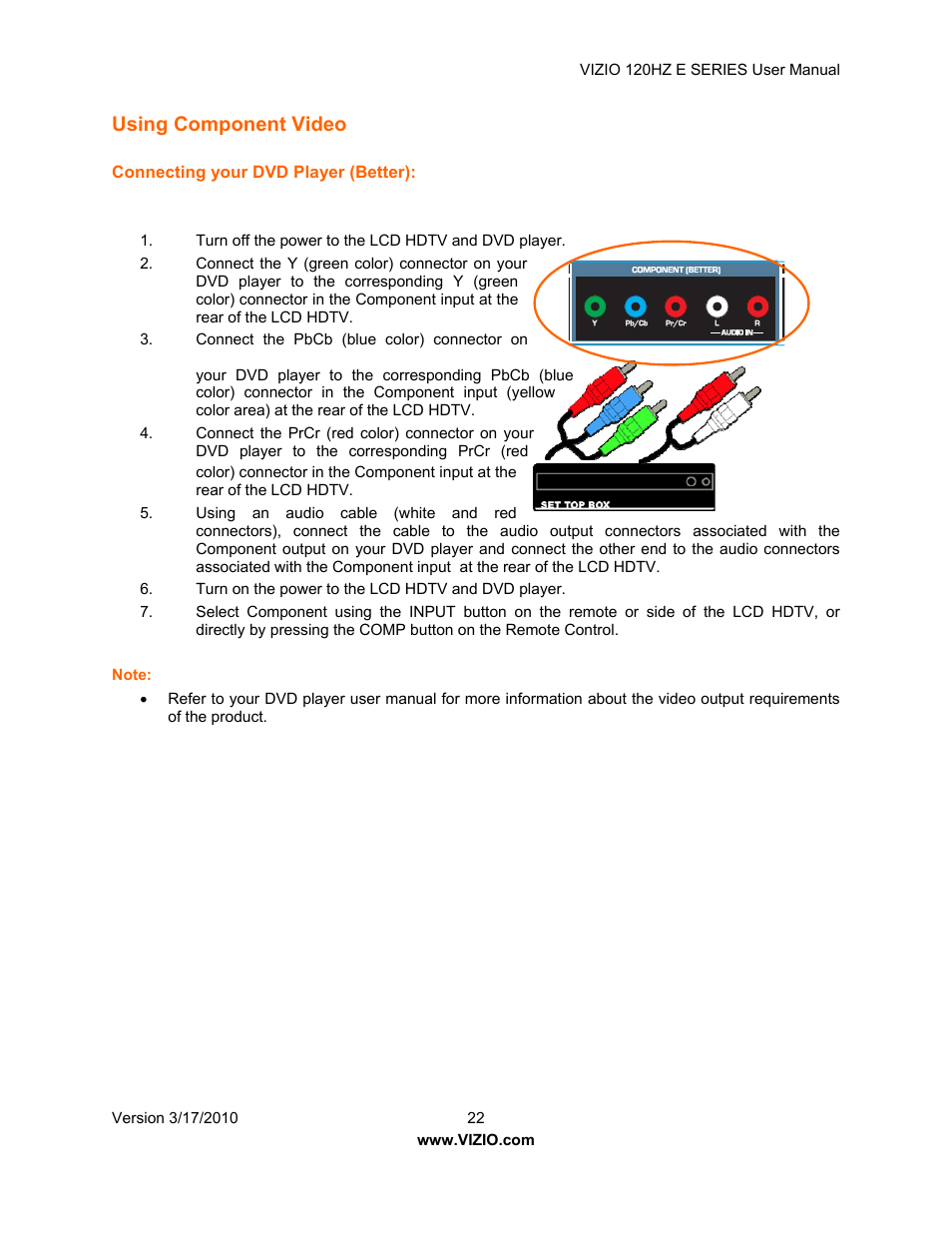 Using component video | Vizio E421VA User Manual | Page 22 / 62