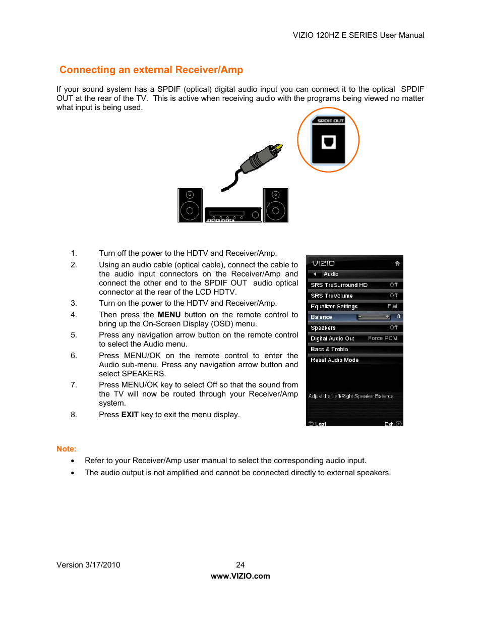 Connecting an external receiver/amp | Vizio E421VA User Manual | Page 24 / 62