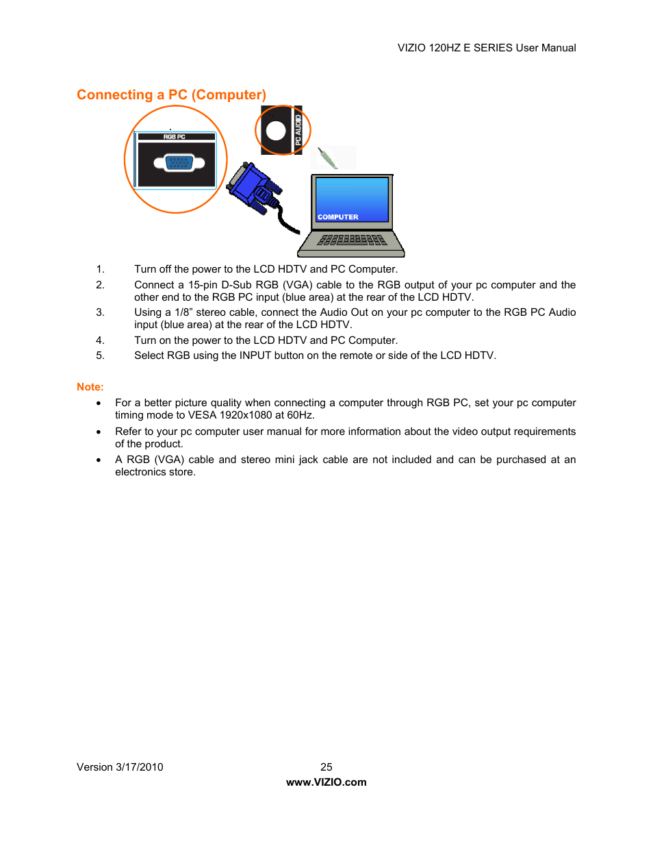 Connecting a pc (computer) | Vizio E421VA User Manual | Page 25 / 62