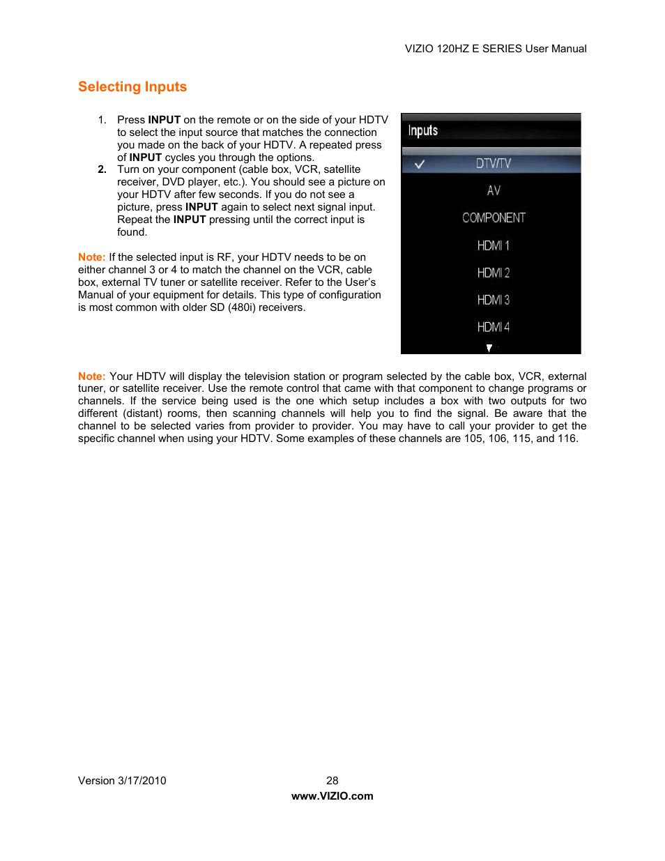 Selecting inputs | Vizio E421VA User Manual | Page 28 / 62