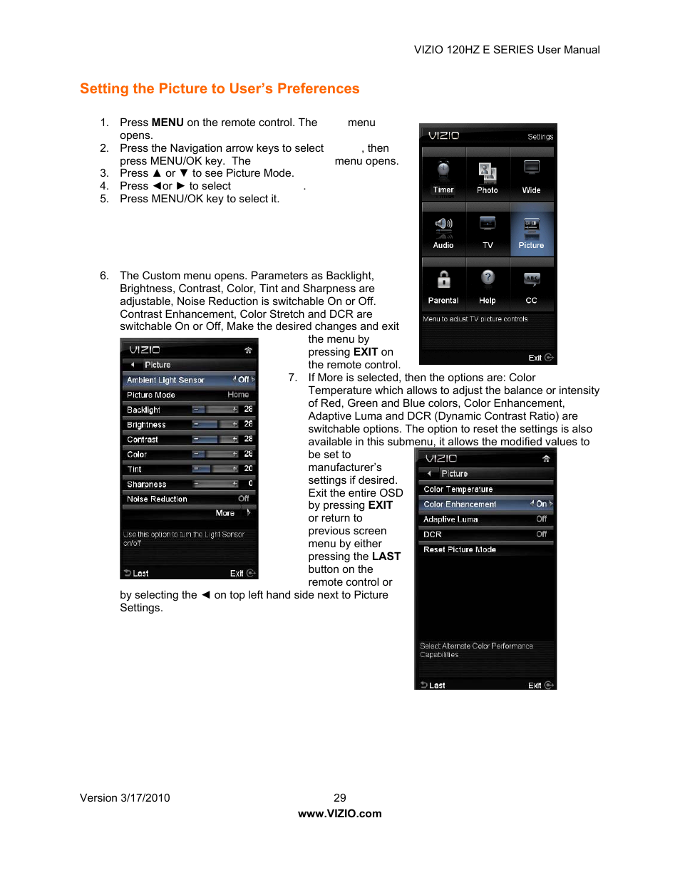 Setting the picture to user’s preferences | Vizio E421VA User Manual | Page 29 / 62