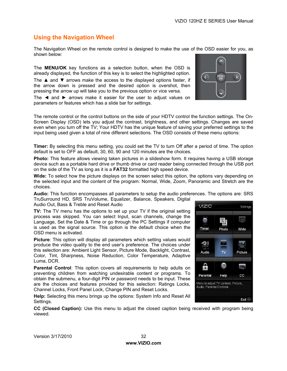 Using the navigation wheel | Vizio E421VA User Manual | Page 32 / 62