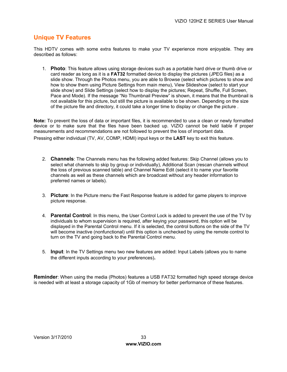 Unique tv features | Vizio E421VA User Manual | Page 33 / 62