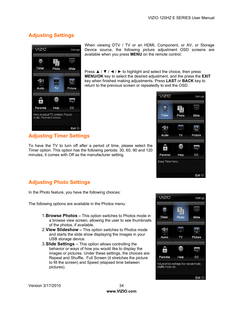 Adjusting settings, Adjusting timer settings, Adjusting photo settings | Vizio E421VA User Manual | Page 34 / 62