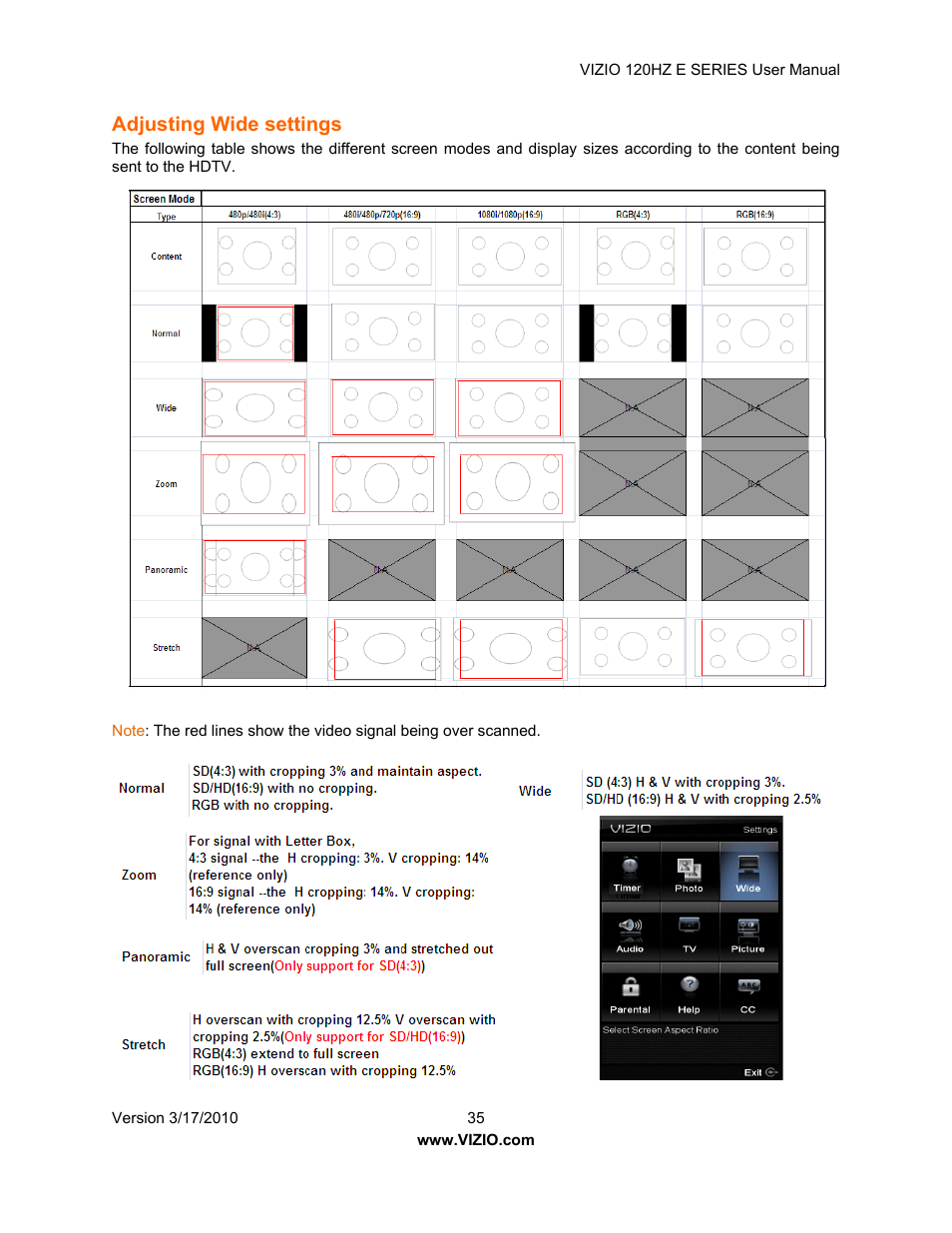 Adjusting wide settings | Vizio E421VA User Manual | Page 35 / 62