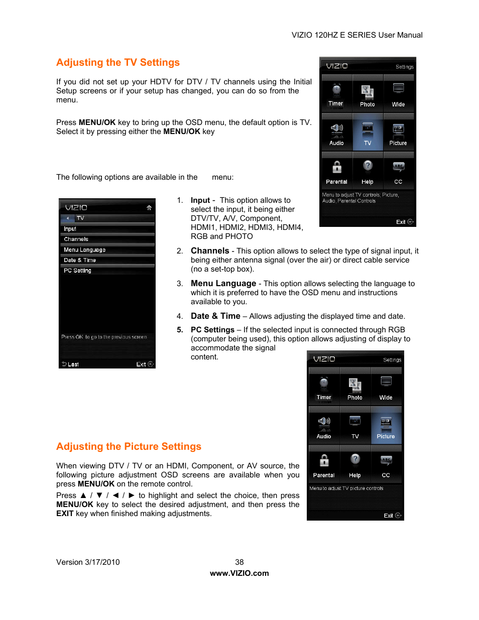 Adjusting the tv settings, Adjusting the picture settings | Vizio E421VA User Manual | Page 38 / 62