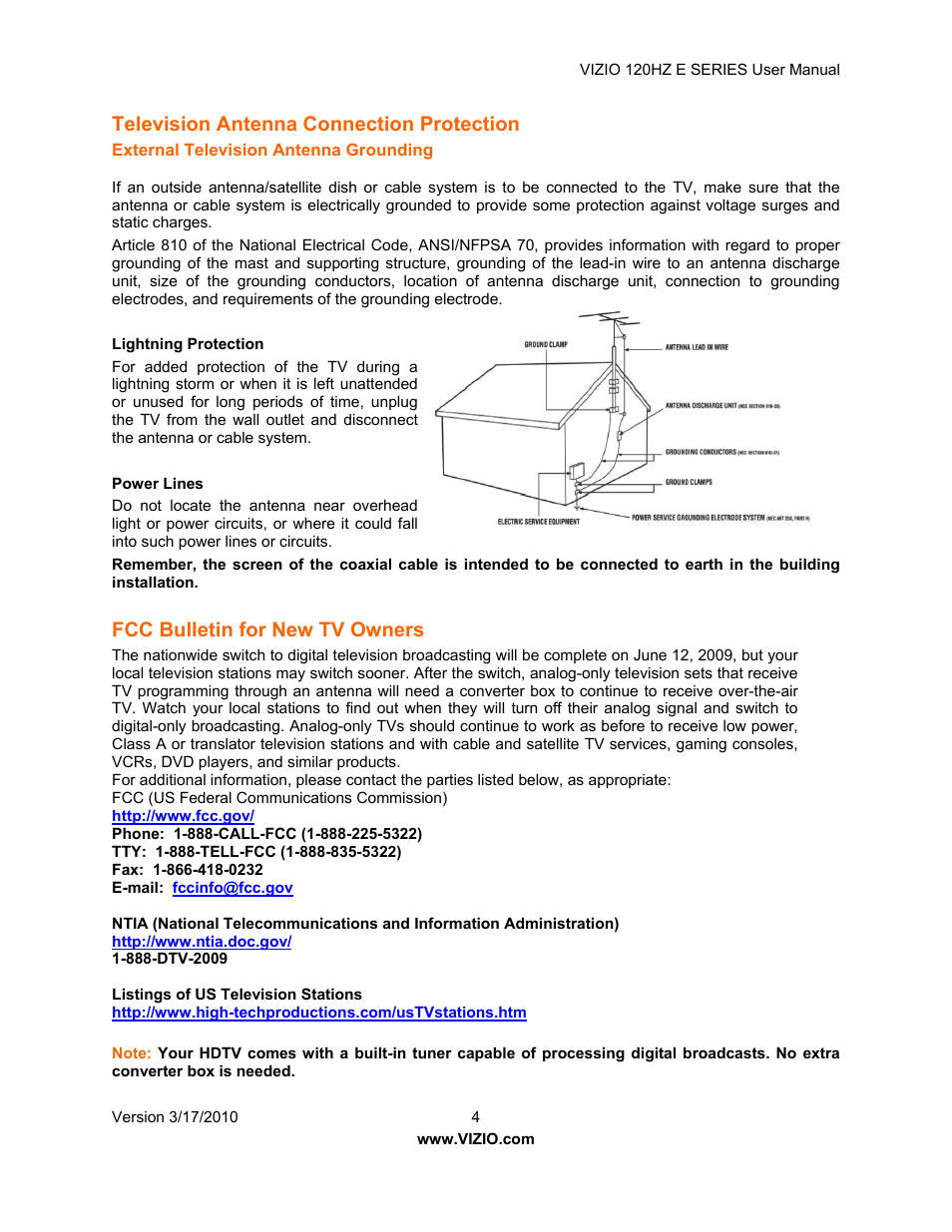 Television antenna connection protection, Fcc bulletin for new tv owners | Vizio E421VA User Manual | Page 4 / 62