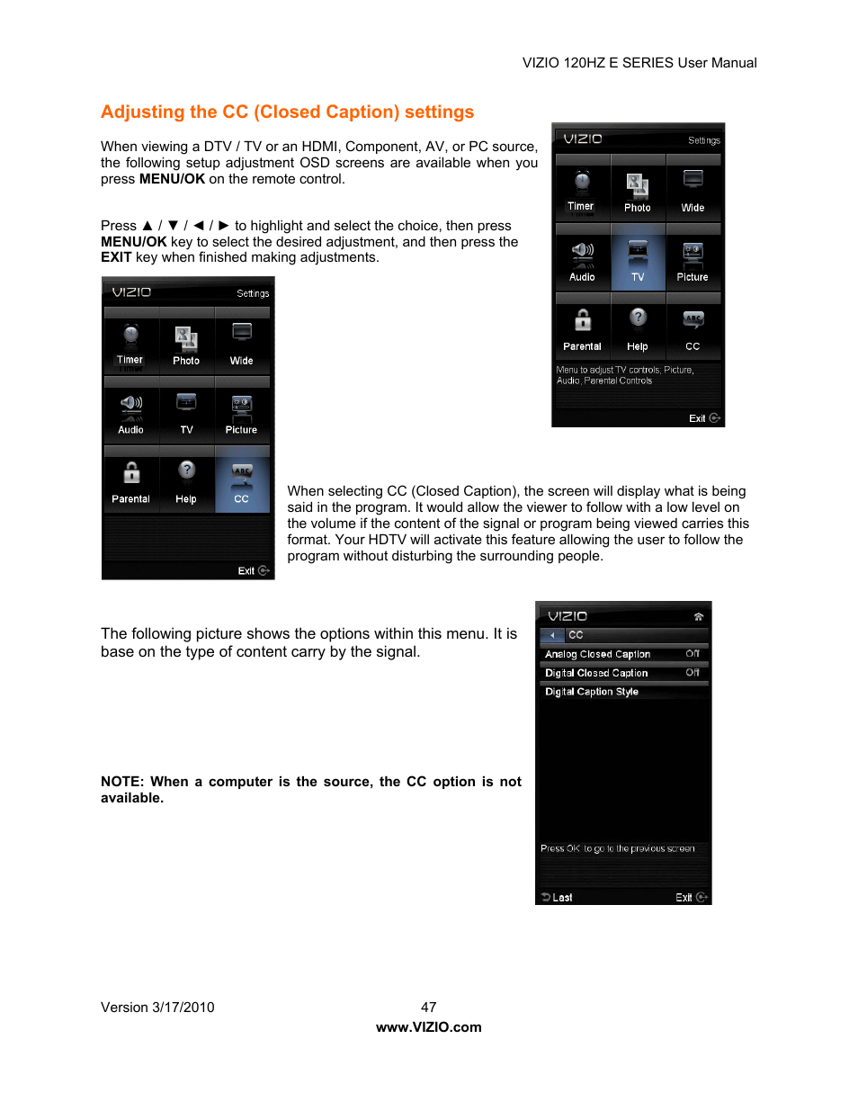 Adjusting the cc (closed caption) settings | Vizio E421VA User Manual | Page 47 / 62