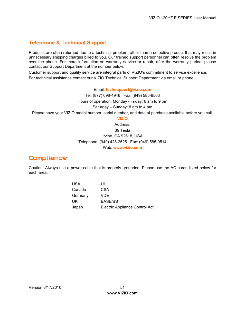 Telephone & technical support, Compliance | Vizio E421VA User Manual | Page 51 / 62