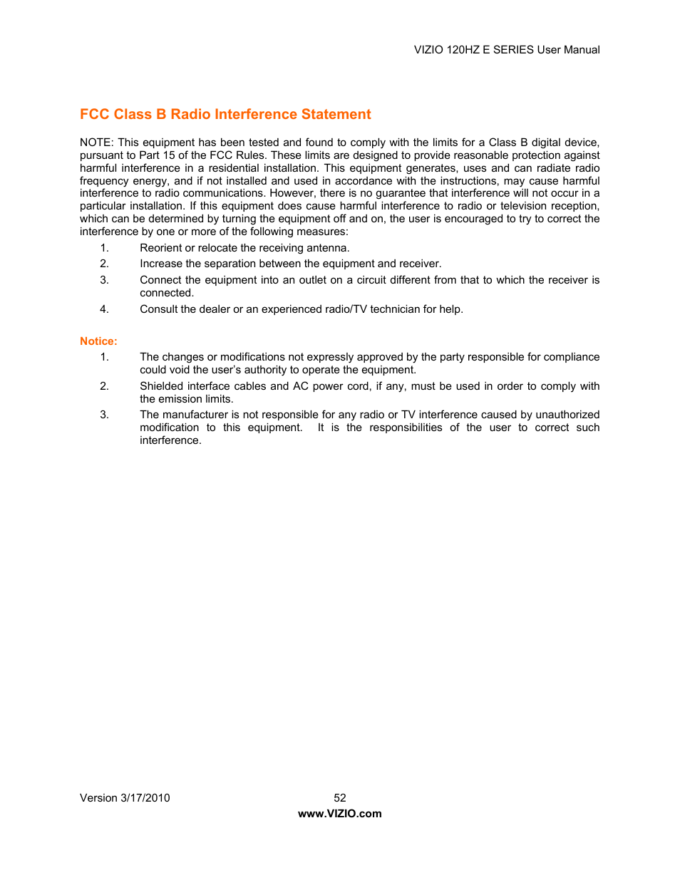 Fcc class b radio interference statement | Vizio E421VA User Manual | Page 52 / 62