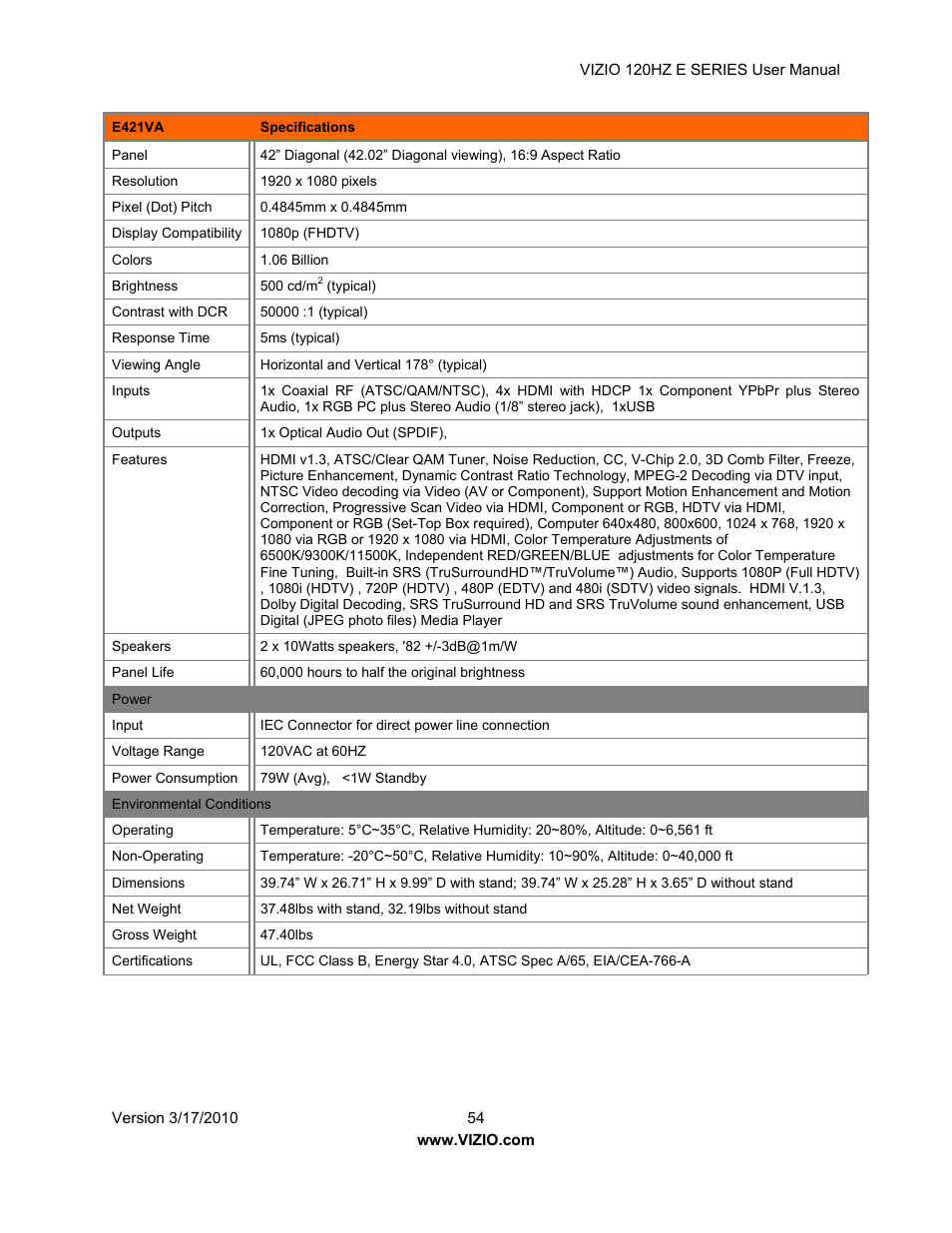 Vizio E421VA User Manual | Page 54 / 62