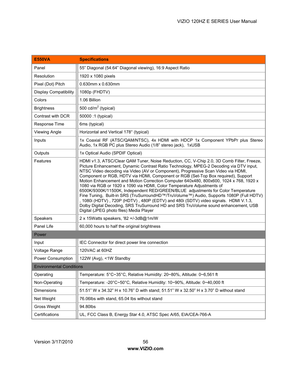 Vizio E421VA User Manual | Page 56 / 62