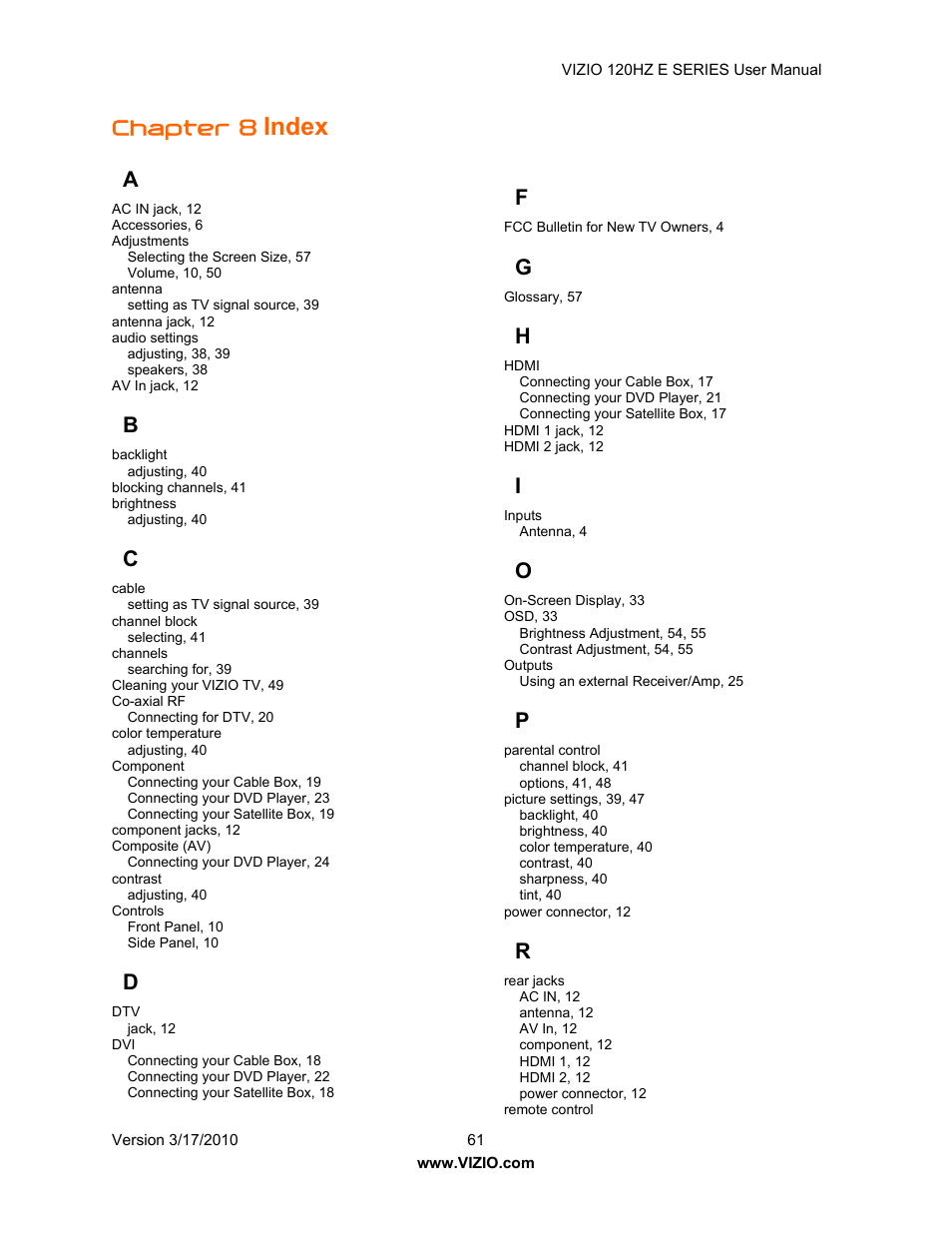 Index, Chapter 8 | Vizio E421VA User Manual | Page 61 / 62