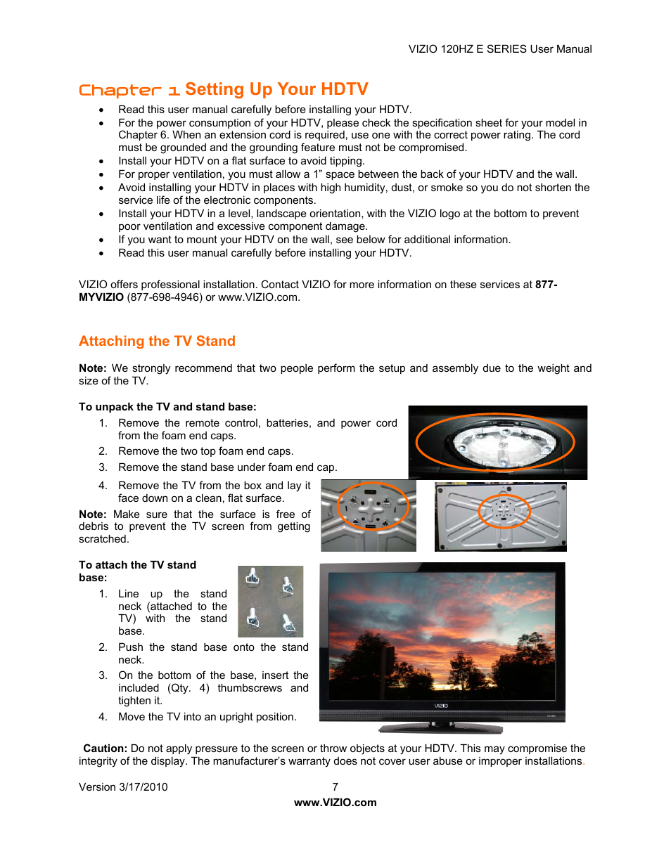 Setting up your hdtv, Chapter 1, Attaching the tv stand | Vizio E421VA User Manual | Page 7 / 62