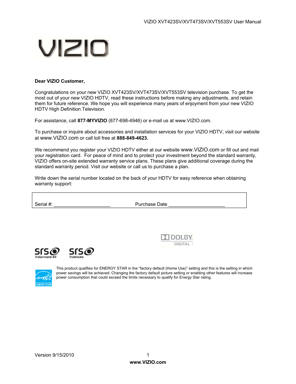 Vizio XVT423SV User Manual | 64 pages