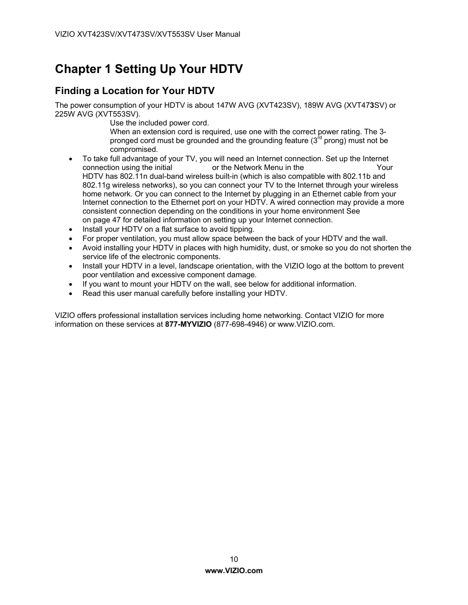 Chapter 1 setting up your hdtv, Finding a location for your hdtv | Vizio XVT423SV User Manual | Page 10 / 64