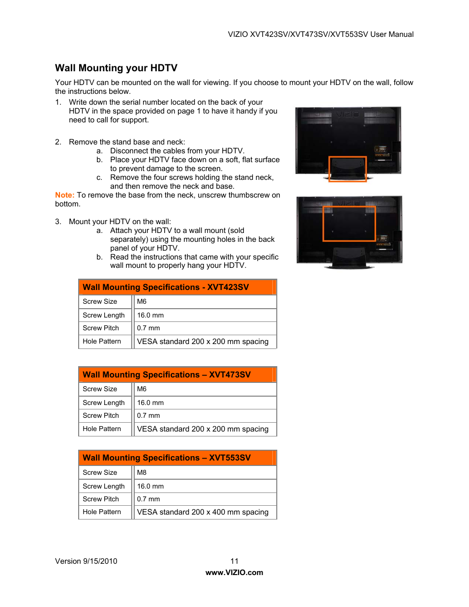 Wall mounting your hdtv | Vizio XVT423SV User Manual | Page 11 / 64