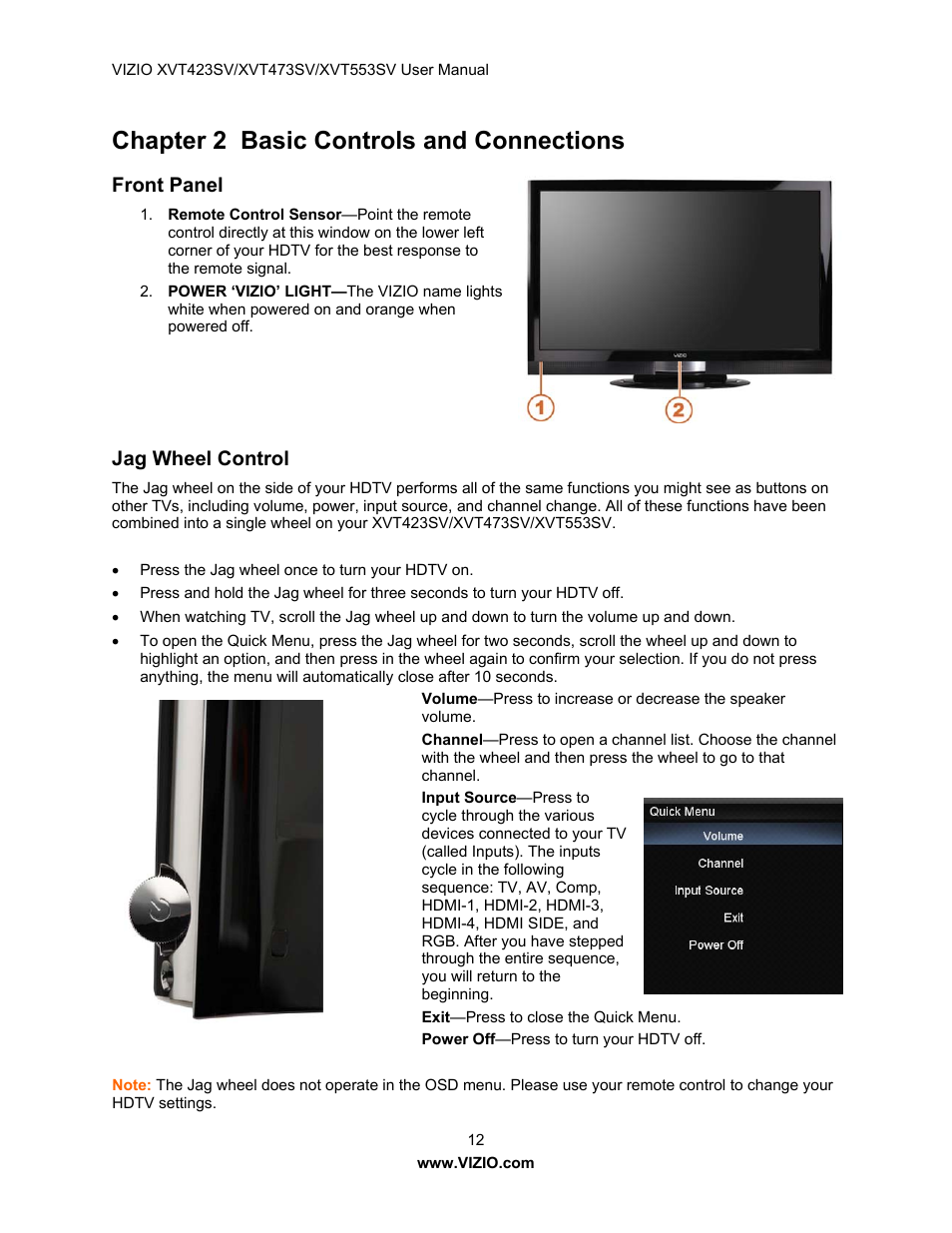 Chapter 2 basic controls and connections, Front panel, Jag wheel control | Vizio XVT423SV User Manual | Page 12 / 64
