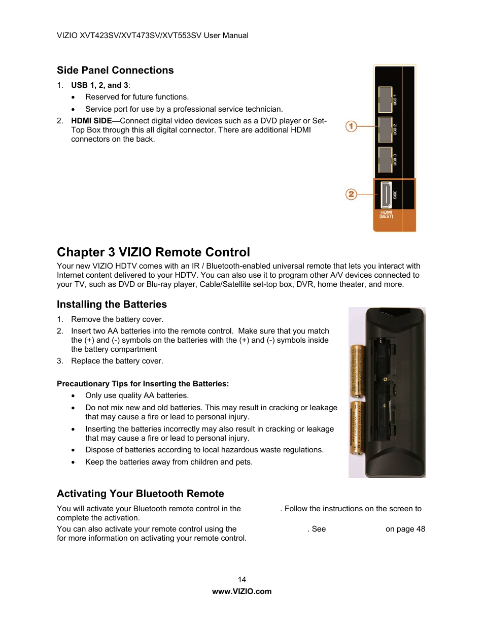 Side panel connections, Chapter 3 vizio remote control, Installing the batteries | Activating your bluetooth remote | Vizio XVT423SV User Manual | Page 14 / 64