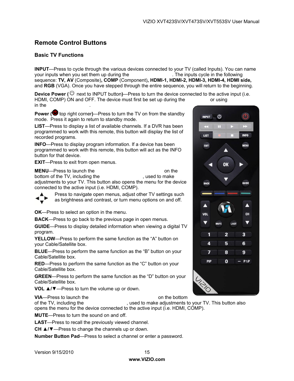 Remote control buttons, Basic tv functions | Vizio XVT423SV User Manual | Page 15 / 64