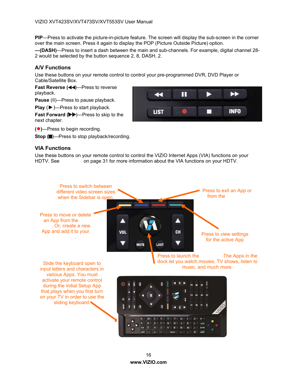 A/v functions, Via functions | Vizio XVT423SV User Manual | Page 16 / 64