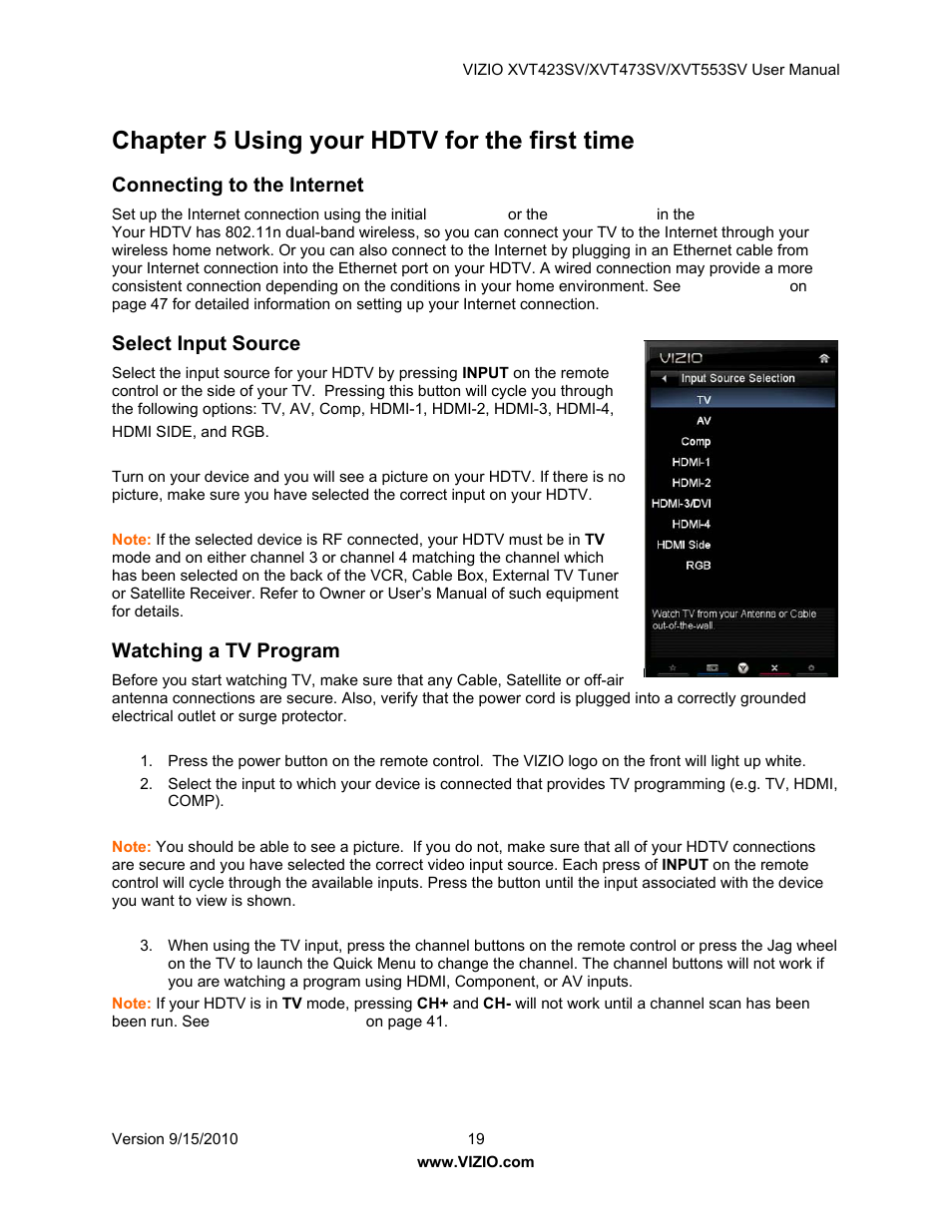 Chapter 5 using your hdtv for the first time, Connecting to the internet, Select input source | Watching a tv program | Vizio XVT423SV User Manual | Page 19 / 64