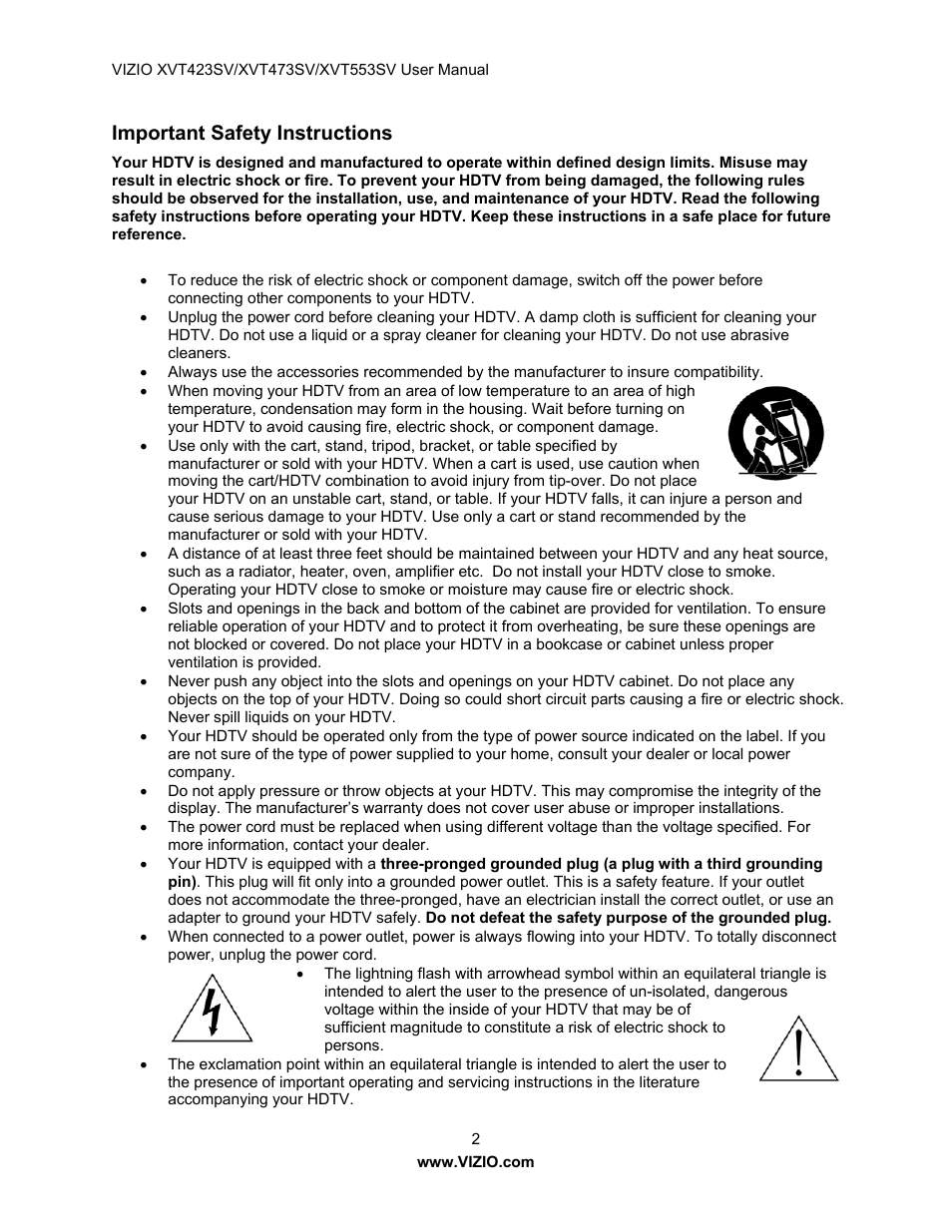 Important safety instructions | Vizio XVT423SV User Manual | Page 2 / 64