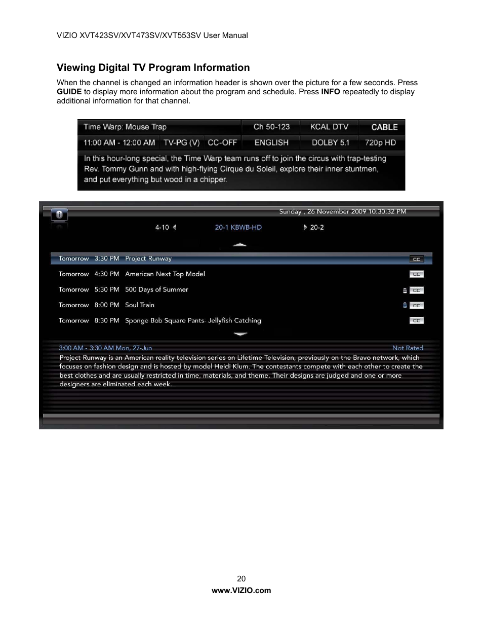 Viewing digital tv program information | Vizio XVT423SV User Manual | Page 20 / 64