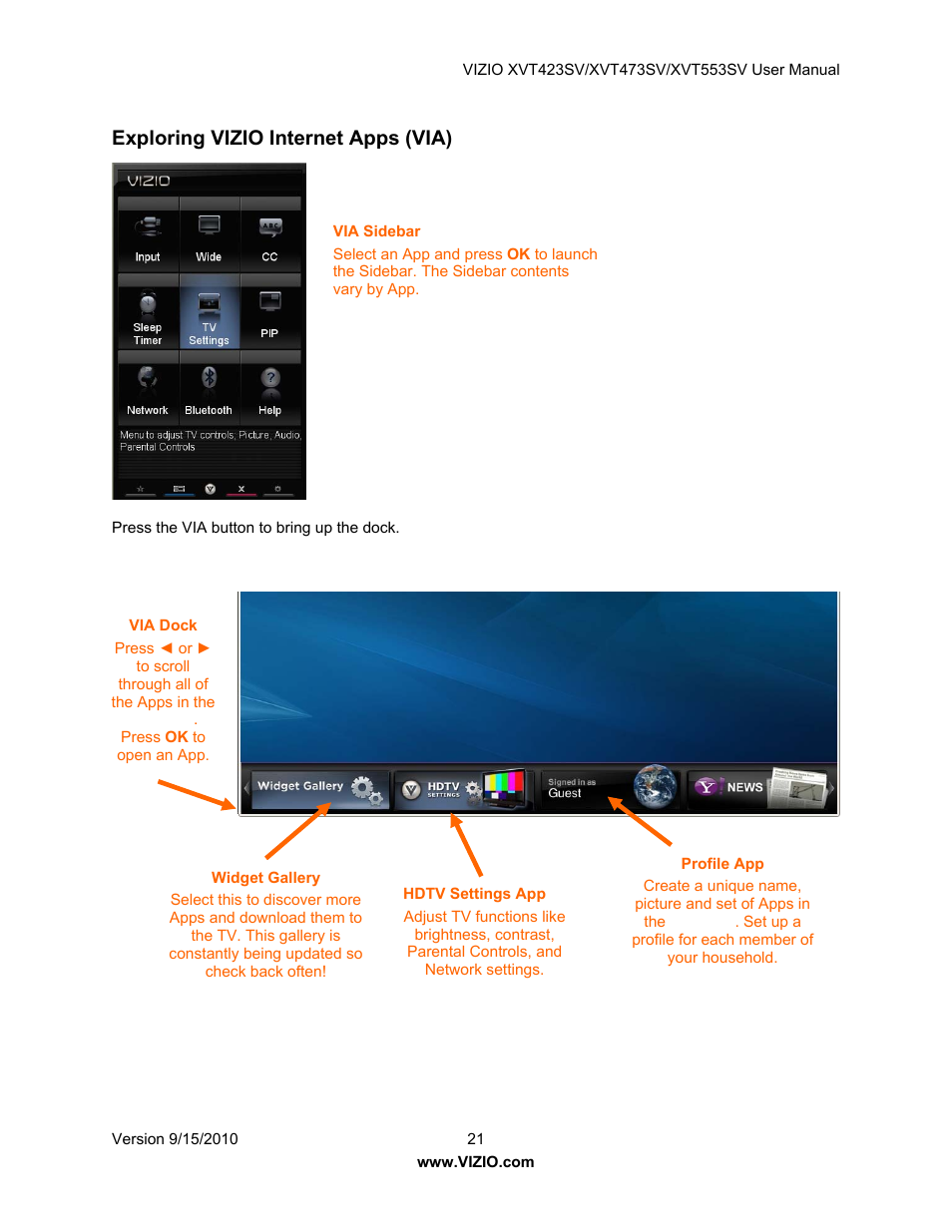 Exploring vizio internet apps (via) | Vizio XVT423SV User Manual | Page 21 / 64