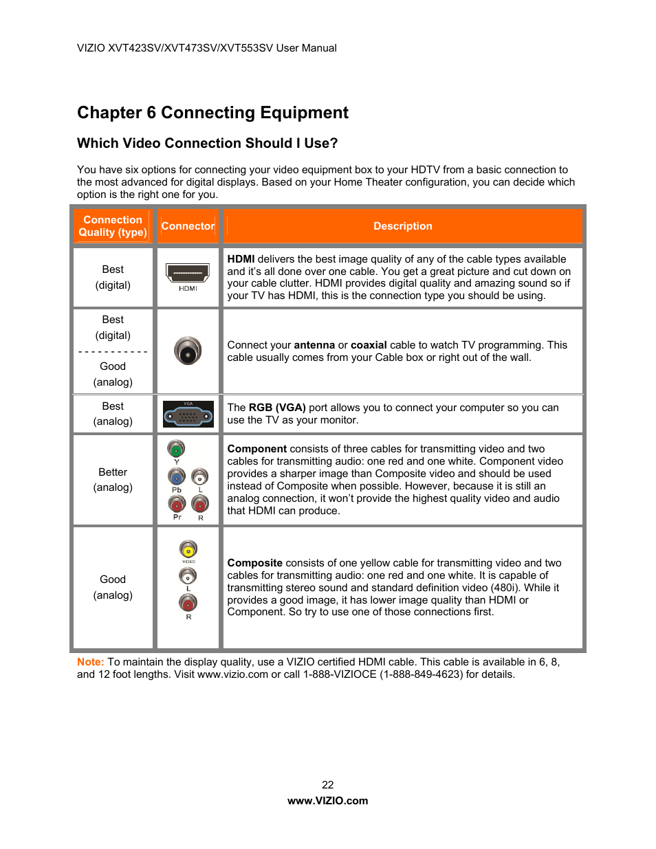 Chapter 6 connecting equipment, Which video connection should i use | Vizio XVT423SV User Manual | Page 22 / 64