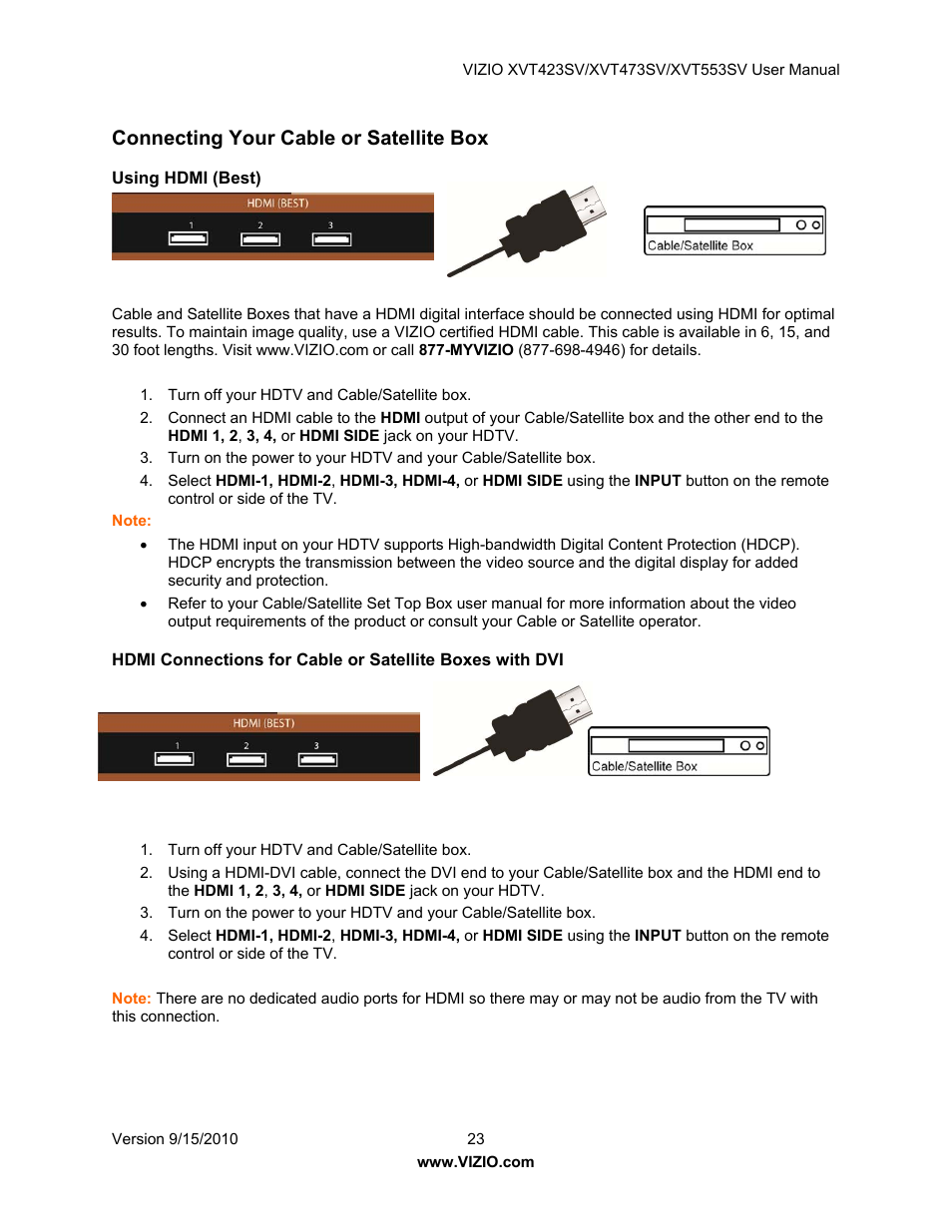 Connecting your cable or satellite box, Using hdmi (best) | Vizio XVT423SV User Manual | Page 23 / 64