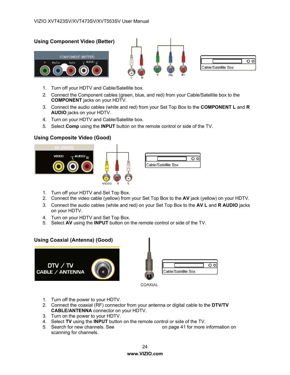 Using component video (better), Using composite video (good), Using coaxial (antenna) (good) | Vizio XVT423SV User Manual | Page 24 / 64