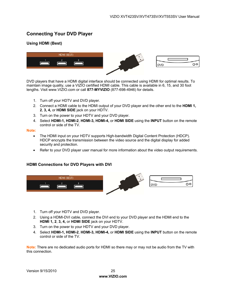 Connecting your dvd player, Using hdmi (best), Hdmi connections for dvd players with dvi | Vizio XVT423SV User Manual | Page 25 / 64