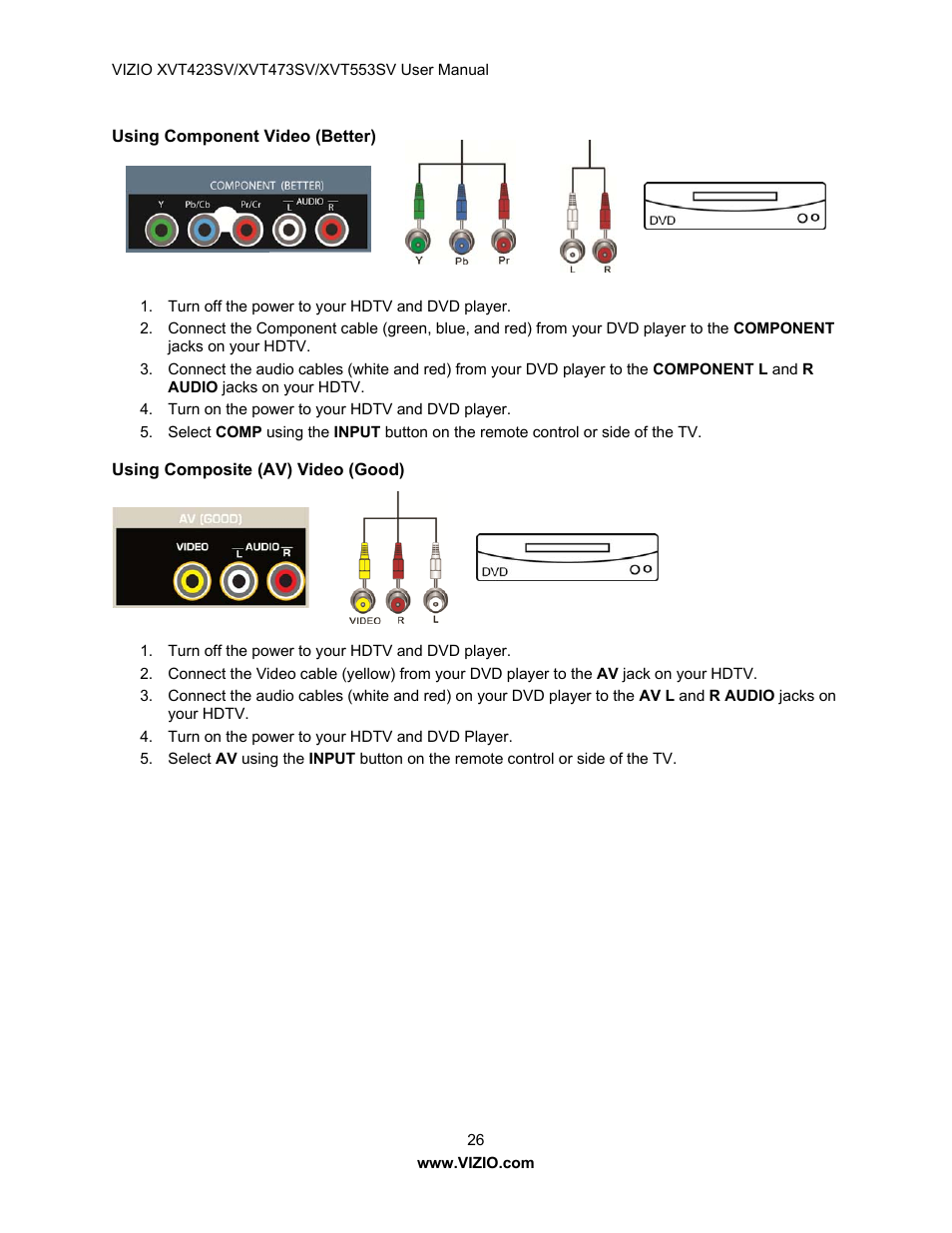 Using component video (better), Using composite (av) video (good) | Vizio XVT423SV User Manual | Page 26 / 64