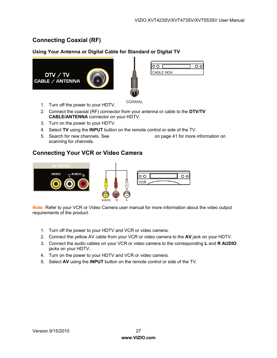 Connecting coaxial (rf), Connecting your vcr or video camera | Vizio XVT423SV User Manual | Page 27 / 64