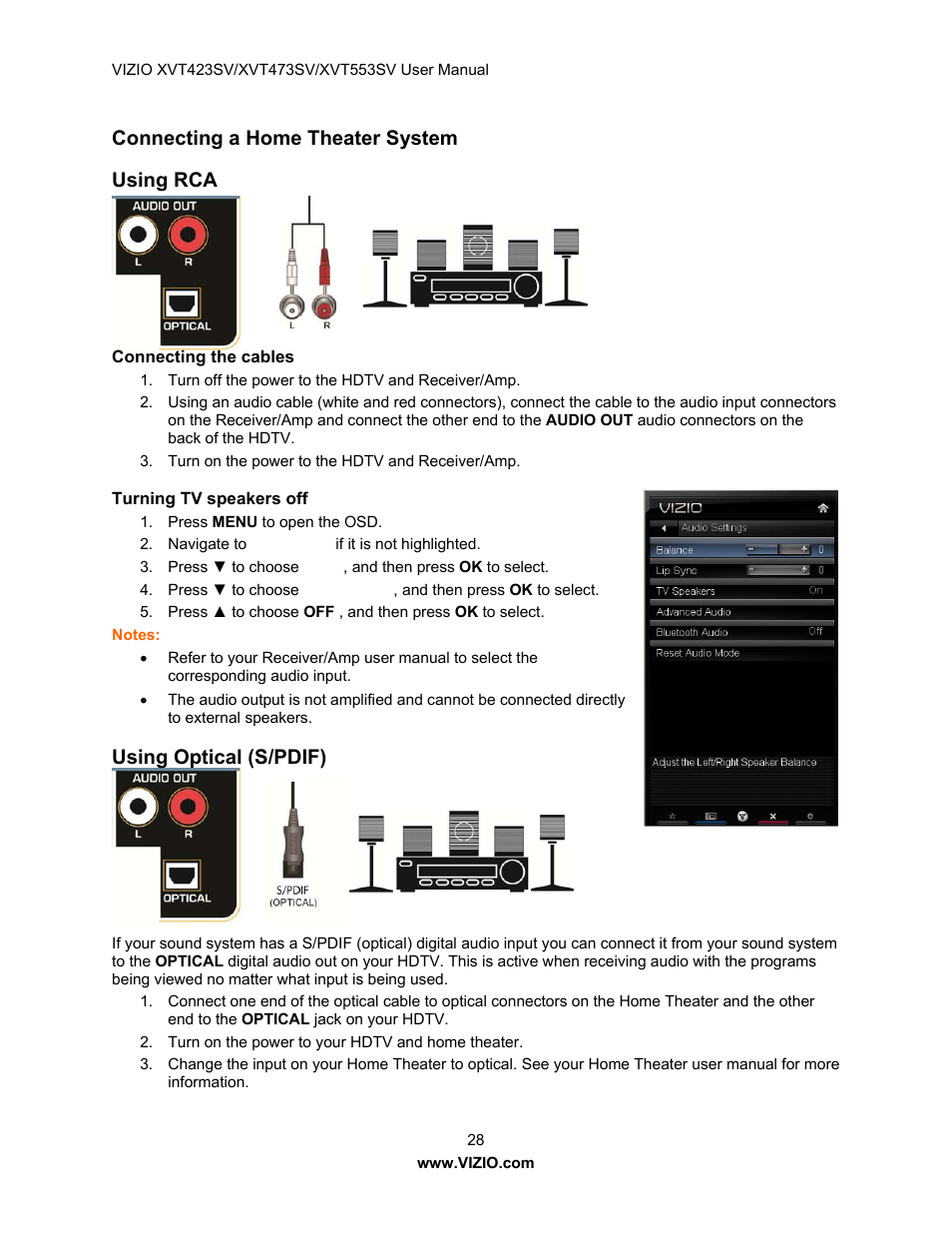 Connecting a home theater system, Using rca, Connecting the cables | Turning tv speakers off, Using optical (s/pdif), Connecting a home theater system using rca | Vizio XVT423SV User Manual | Page 28 / 64