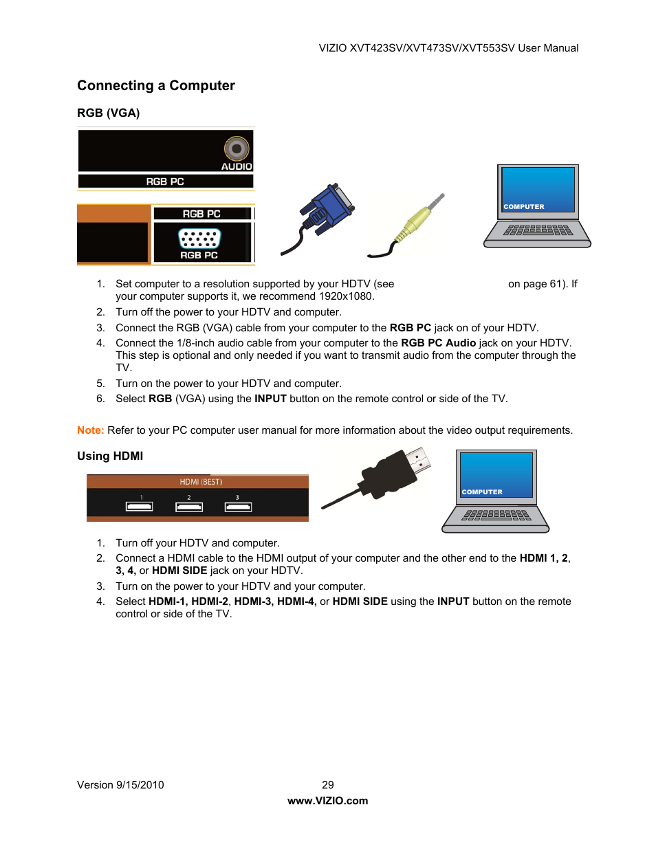 Connecting a computer, Rgb (vga), Using hdmi | Vizio XVT423SV User Manual | Page 29 / 64