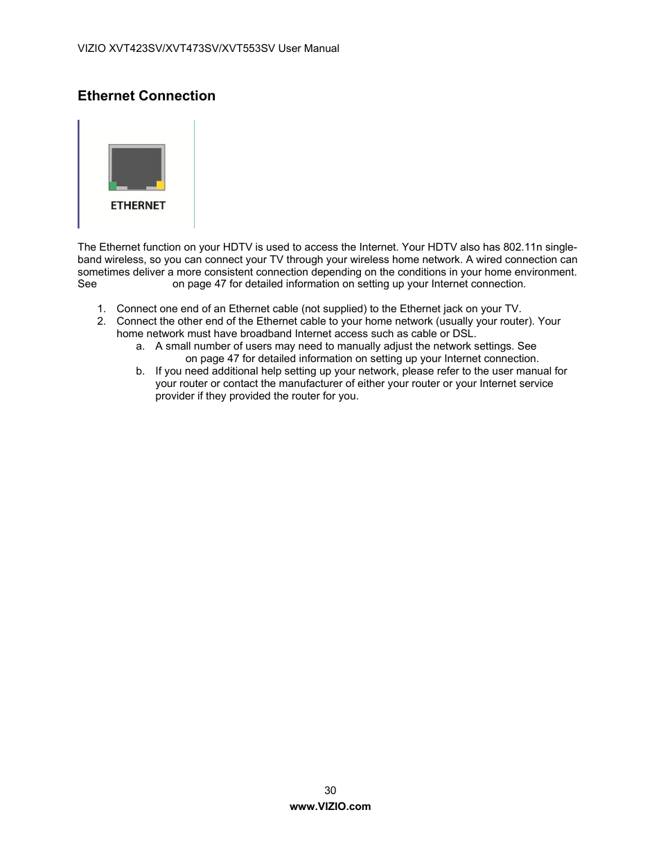 Ethernet connection | Vizio XVT423SV User Manual | Page 30 / 64