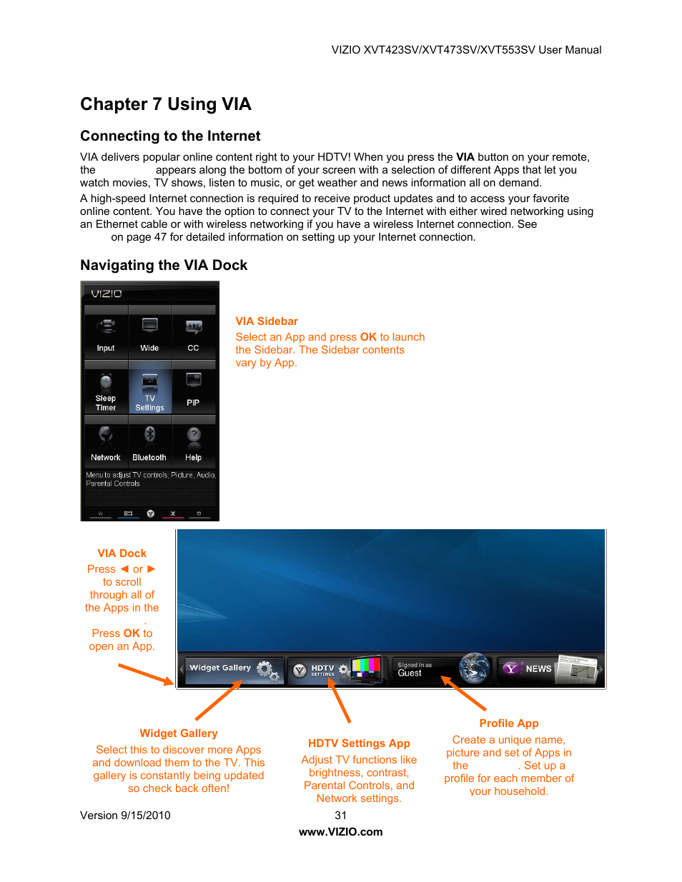 Chapter 7 using via, Connecting to the internet, Navigating the via dock | Vizio XVT423SV User Manual | Page 31 / 64