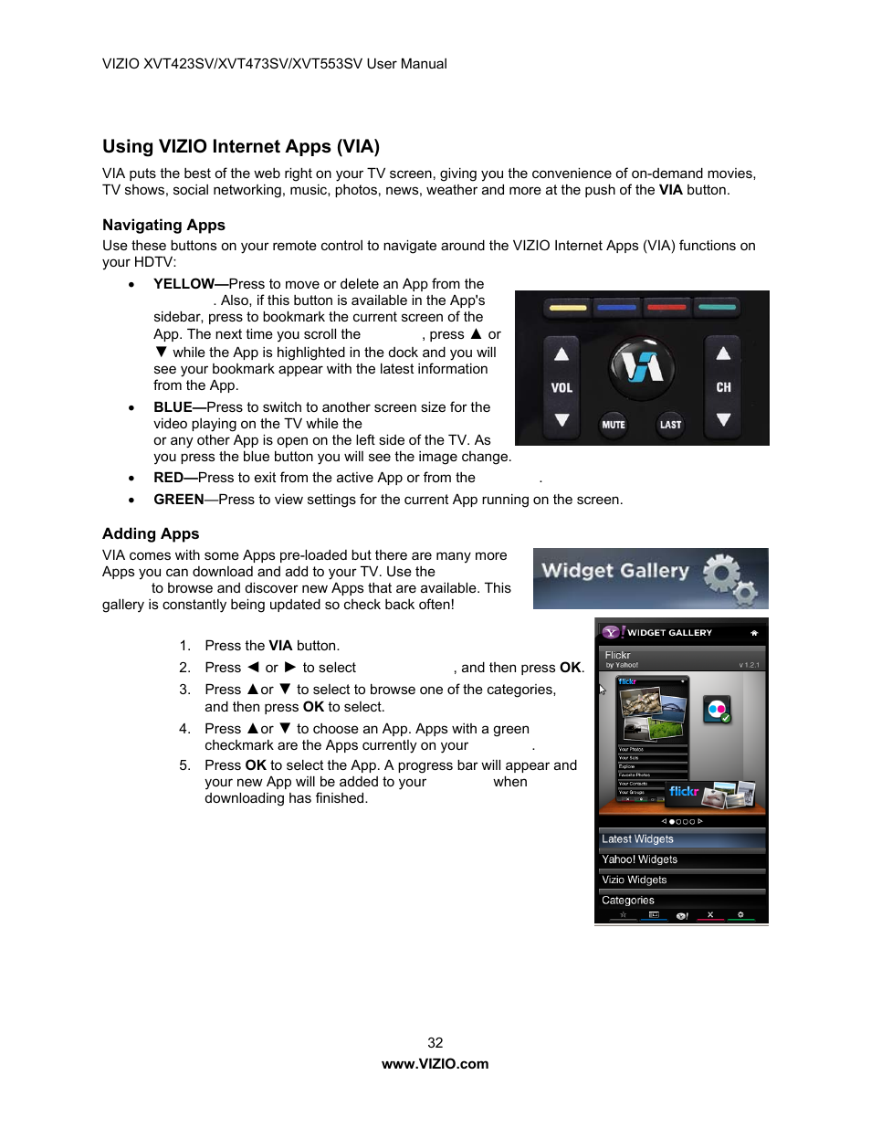 Using vizio internet apps (via), Navigating apps, Adding apps | Vizio XVT423SV User Manual | Page 32 / 64
