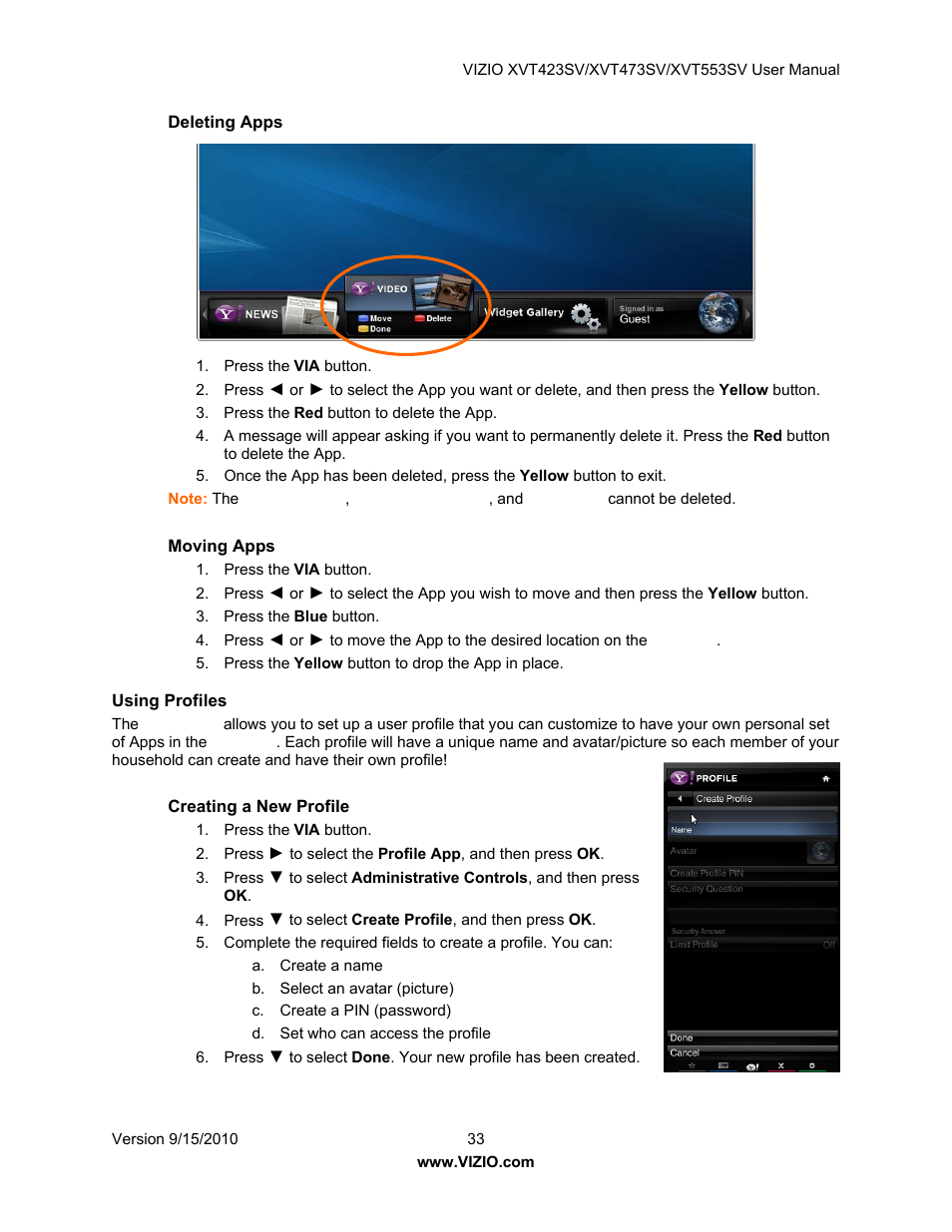 Deleting apps, Moving apps, Using profiles | Creating a new profile | Vizio XVT423SV User Manual | Page 33 / 64