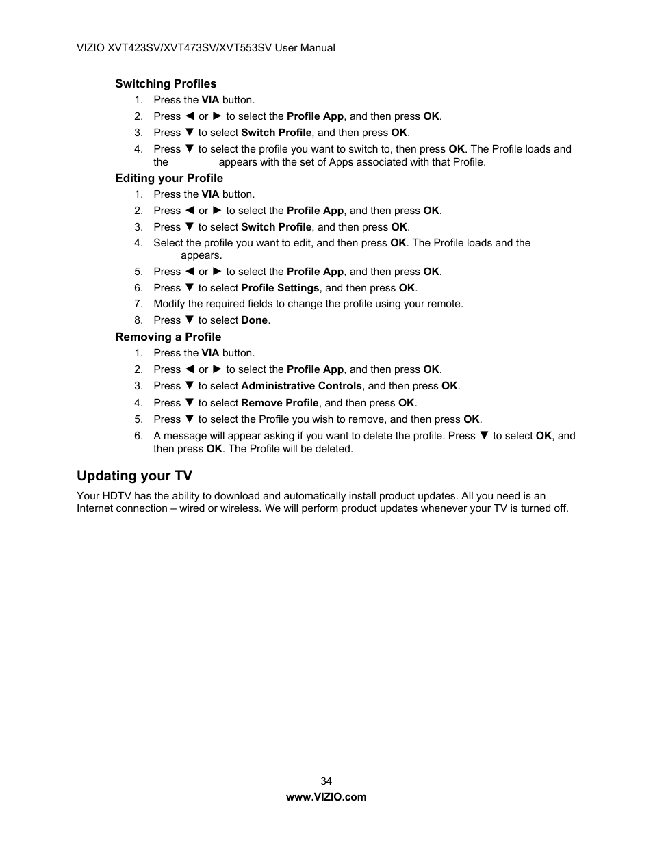 Switching profiles, Editing your profile, Removing a profile | Updating your tv | Vizio XVT423SV User Manual | Page 34 / 64