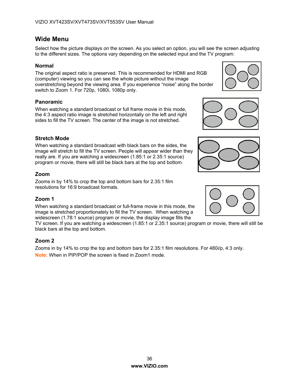 Wide menu, Normal, Panoramic | Stretch mode, Zoom, Zoom 1, Zoom 2 | Vizio XVT423SV User Manual | Page 36 / 64