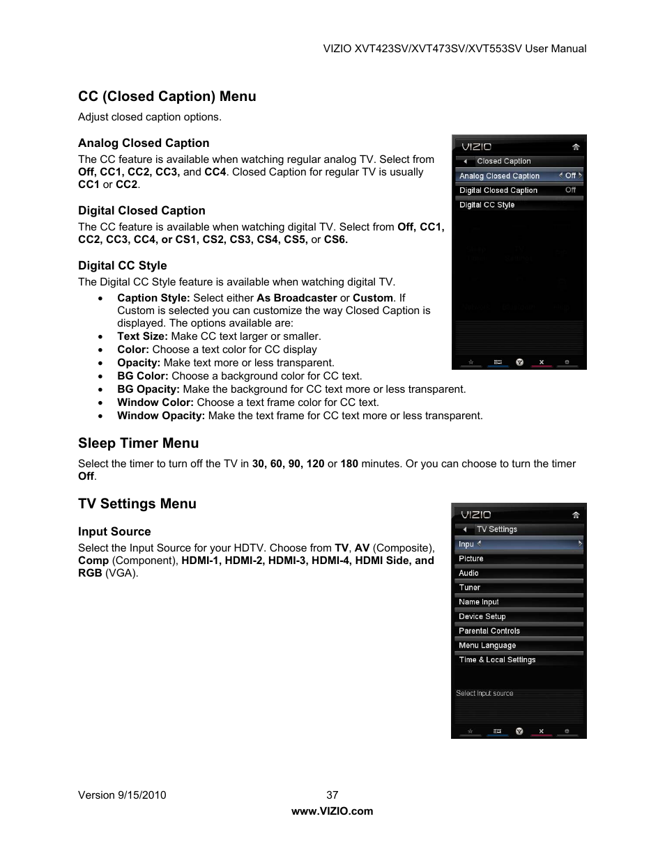 Cc (closed caption) menu, Analog closed caption, Digital closed caption | Digital cc style, Sleep timer menu, Tv settings menu, Input source | Vizio XVT423SV User Manual | Page 37 / 64