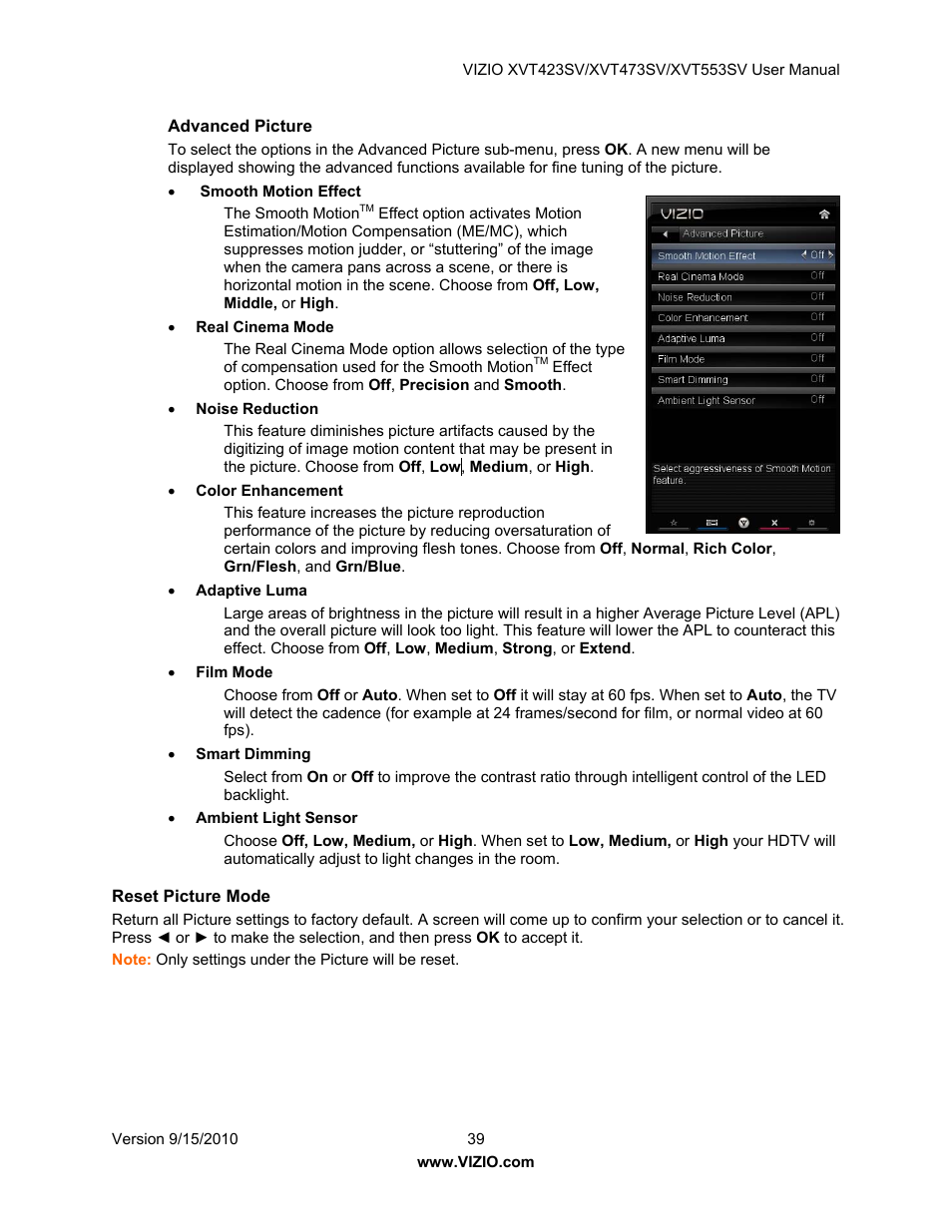 Advanced picture, Reset picture mode | Vizio XVT423SV User Manual | Page 39 / 64
