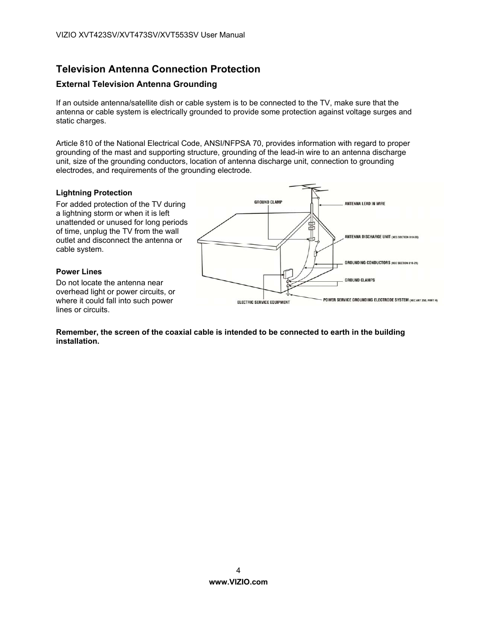 Television antenna connection protection | Vizio XVT423SV User Manual | Page 4 / 64