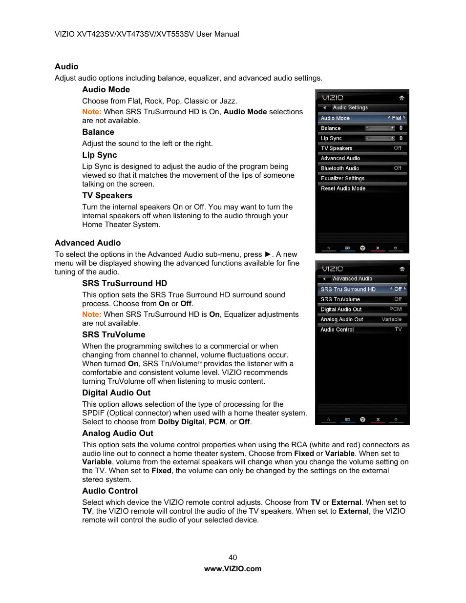 Audio, Audio mode, Balance | Lip sync, Tv speakers, Advanced audio | Vizio XVT423SV User Manual | Page 40 / 64