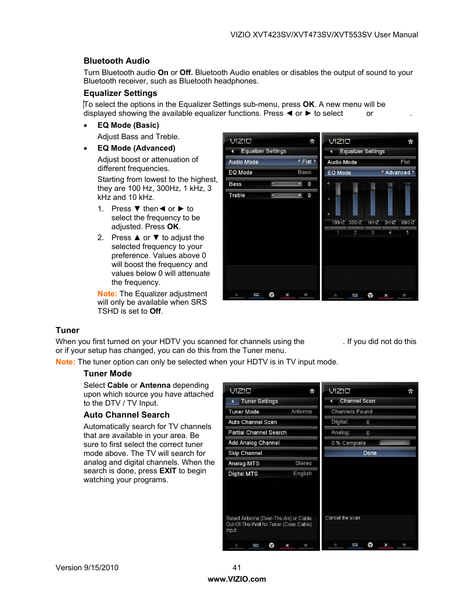 Bluetooth audio, Equalizer settings, Tuner | Tuner mode, Auto channel search, E auto channel search | Vizio XVT423SV User Manual | Page 41 / 64